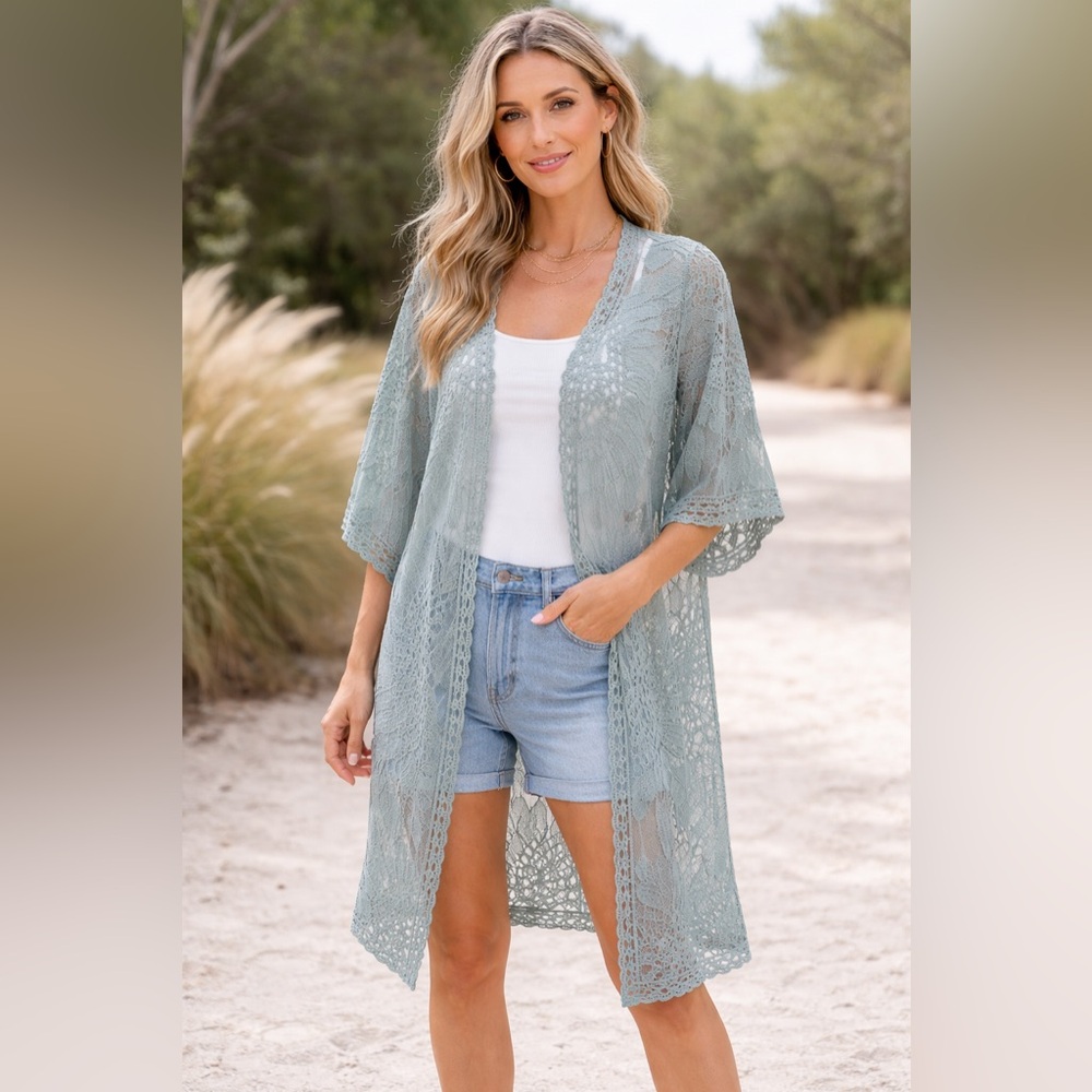 Rebellion Lace Open-Front Kimono Light Blue Boho Cover Up Beach Resort Wear